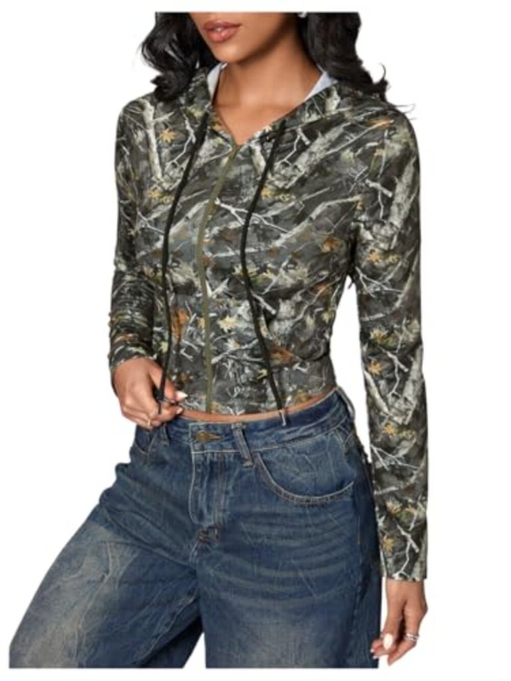 Leopard Print Zip Up Cropped Hoodie Sweatshirt Drawstring Long Sleeve